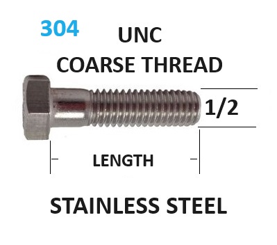 1/2 UNC Hex Bolts Stainless Steel Coarse Thread Select Length